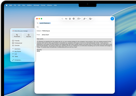 MacBook Air екран, показващ създаване на имейл с Apple Intelligence Инструменти за писане