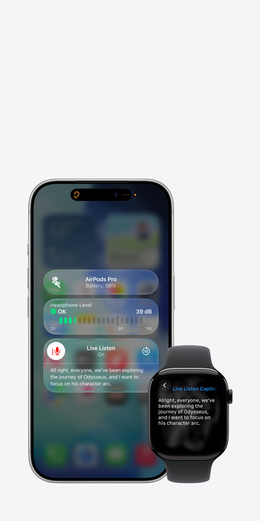 iPhone 17 Pro screen showing active Live Listen session with caption for captured audio and Apple Watch Series 11 screen showing Live Captions of the same captured audio