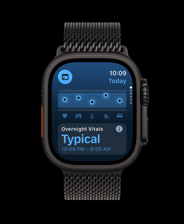 Apple Watch Ultra 3, black colour, titanium case, Vitals app, chart scoring health, Overnight Vitals outliers notification, band, black Milanese Loop