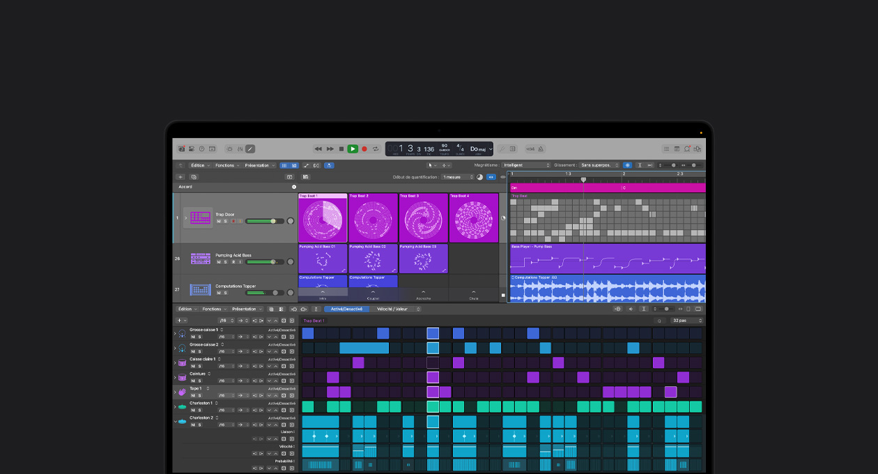 Écran de MacBook Pro 16 pouces, interface de Logic Pro avec une fenêtre d’ondes sonores de synthétiseur ouverte et des instruments et effets en arrière-plan