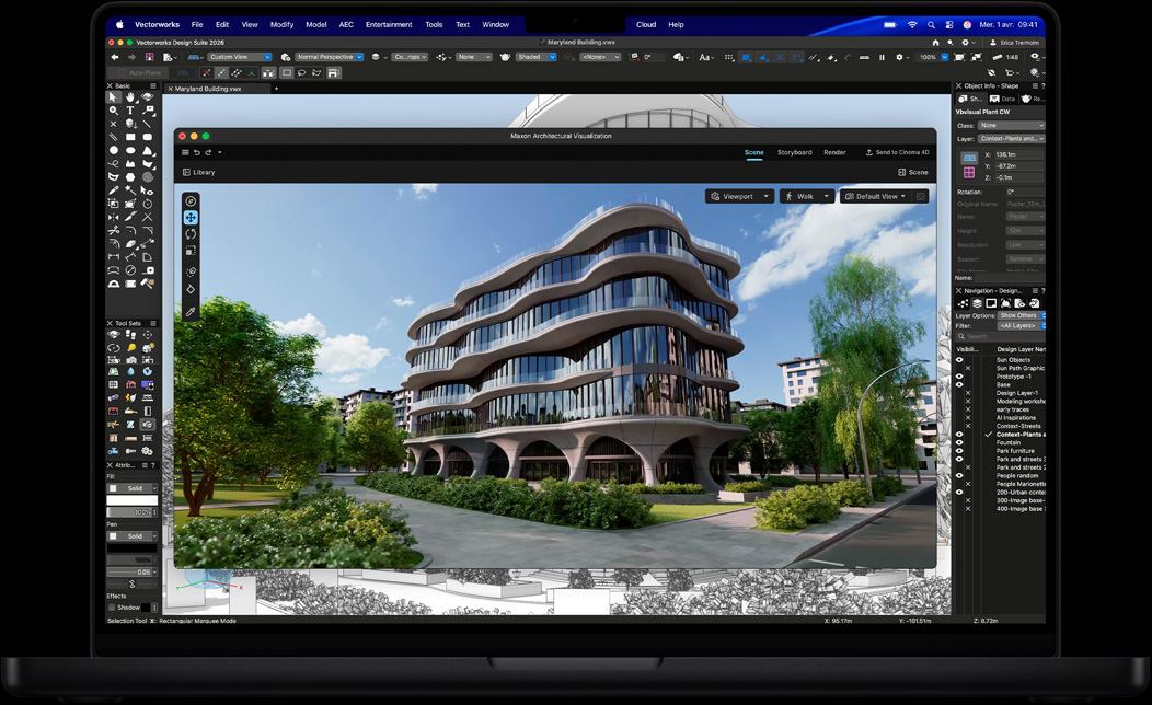 Écran de MacBook Pro affichant Vectorworks Design Suite avec Maxon Redshift