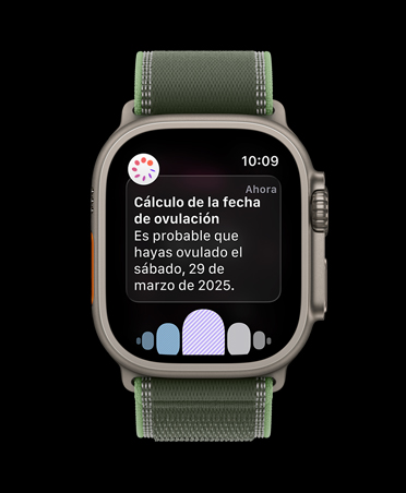 Apple Watch Ultra 3, natural titanium case, ovulation date estimation notification from Cycle Tracking in Health app, band, Trail Loop, blue/bright blue