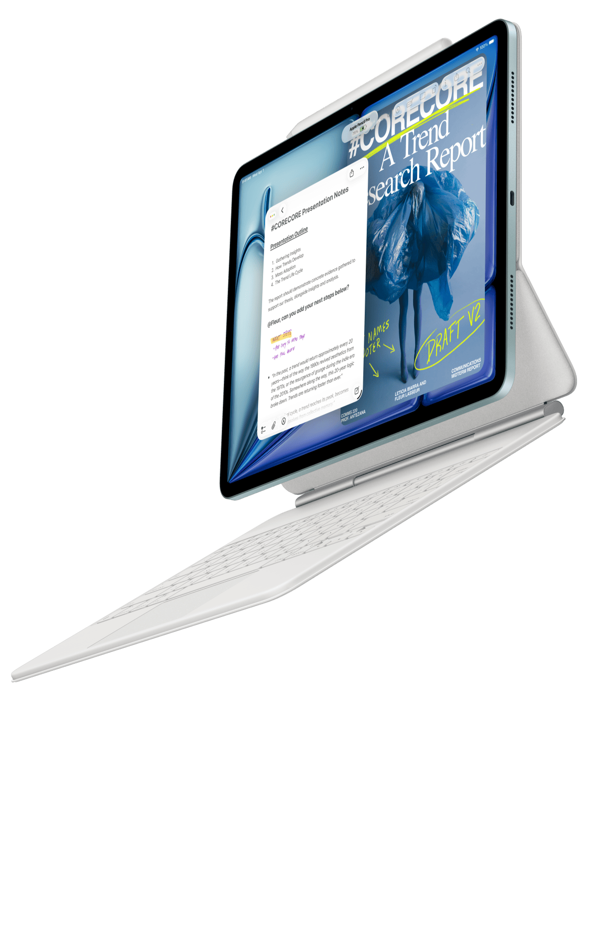 iPad Air s přicvaknutým Magic Keyboardem a Apple Pencilem Pro
