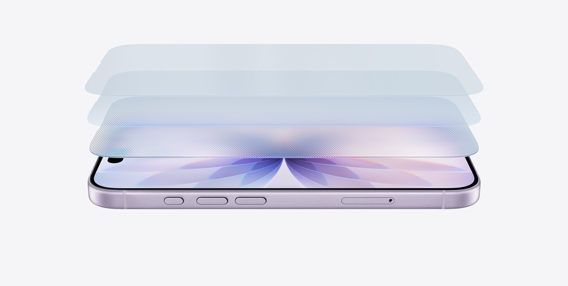 Boční pohled na levandulový iPhone 17 v orientaci na šířku, v rozloženém pohledu na vrstvy na displeji je vidět Ceramic Shield 2