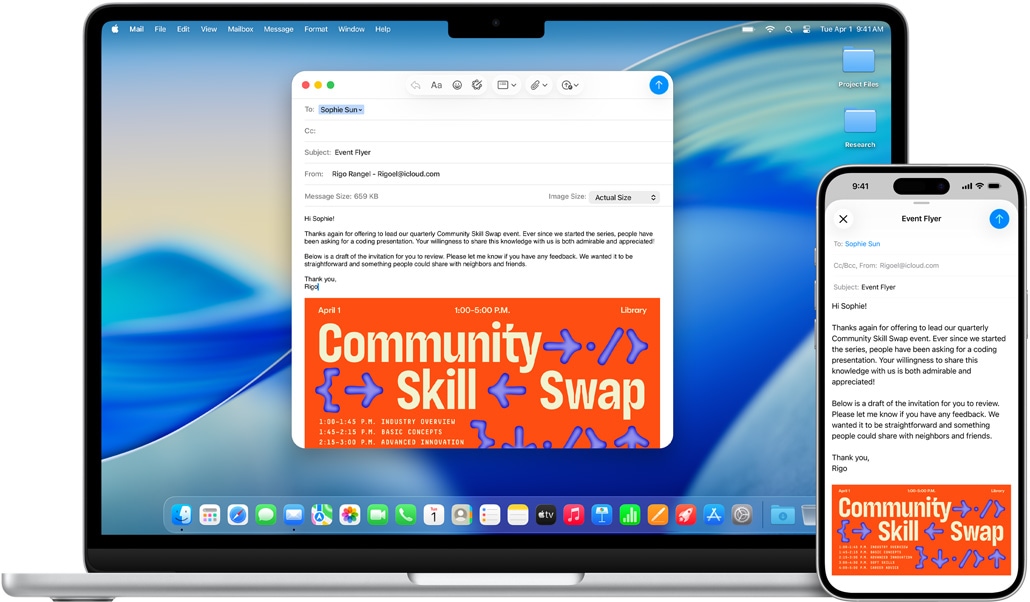iPhone 16 Plus a 13palcový MacBook Air, otevřená aplikace Mail, na obou obrazovkách je stejný rozepsaný e‑mail