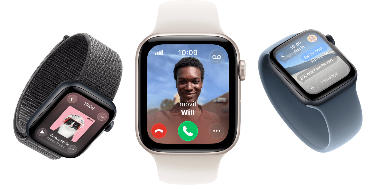 Dispositivos Apple Watch SE 3: caja de aluminio, color blanco estrella y medianoche, correa Solo Loop trenzada, color cúrcuma, correa Solo Loop, color amarillo neón, correa Loop deportiva, color gris oscuro, pantallas: Apple Pay, Centro de Control, Apple Music