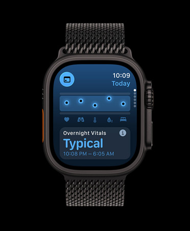 Apple Watch Ultra 3, boett i svart titan, appen Vitalparametrar, diagram över hälsopoäng, vitalparametrar över natten med avvikelser, armband, svart milanesisk loop