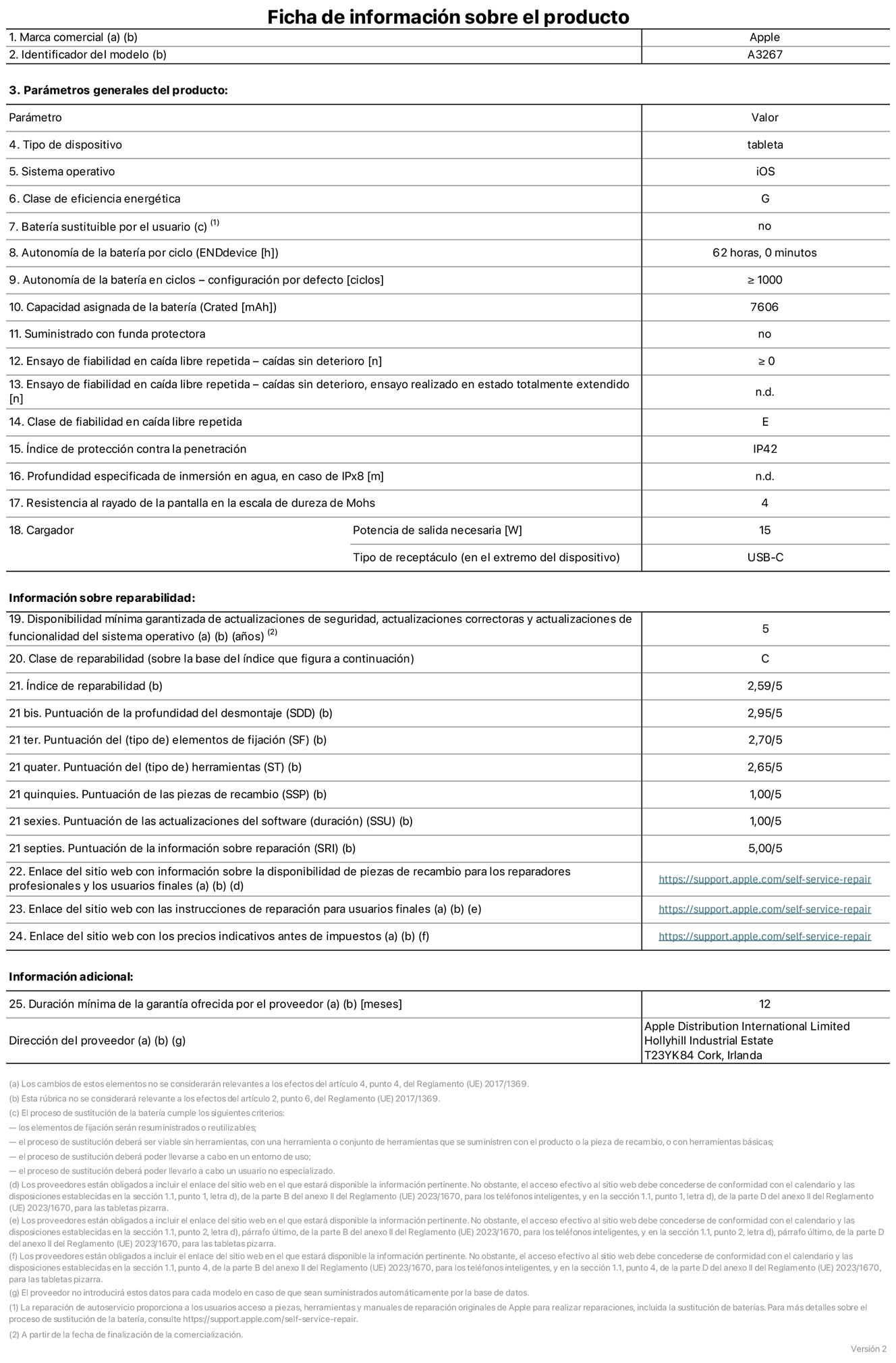 del iPad Air Wi‑Fi + Cellular de 11 pulgadas. Modelo A3267. Suministrado por Apple UK Ltd, New Bridge Street, 100, EC4V 6JA Londres. Tipo de dispositivo: Tablet. Sistema operativo: iOS. Clase de eficiencia energética para el rango dinámico estándar: G. Autonomía de la batería: 62 horas. Autonomía de la batería en ciclos: ≥ 1.000. Capacidad asignada de la batería: 7.606 mAh. Caídas sin deterioro en ensayo de fiabilidad en caída libre repetida: ≥ 0. Clase de fiabilidad en caída libre repetida: E. Índice de protección contra la penetración: IP42 Resistencia al rayado de la pantalla en la escala de dureza de Mohs: 4. Potencia de salida necesaria del cargador: 15 W. Tipo de receptáculo del cargador: USB‑C. Disponibilidad mínima garantizada de actualizaciones de seguridad, correctoras y de funcionalidad del sistema operativo: 5 años. Clase de reparabilidad: C. Índice de reparabilidad: 2,59/5. Puntuación de la profundidad del desmontaje: 2,95/5. Puntuación de los elementos de fijación: 2,70/5. Puntuación de las herramientas: 2,65/5. Puntuación de las piezas de recambio: 1/5. Puntuación de las actualizaciones de software: 1/5. Puntuación de la información sobre reparación: 5/5. Enlace del sitio web con información sobre la disponibilidad de piezas de recambio para reparadores profesionales y usuarios finales: https://support.apple.com/self-service-repair. Enlace del sitio web con los precios indicativos antes de impuestos: https://support.apple.com/self-service-repair. Enlace del sitio web con los precios indicativos antes de impuestos: https://support.apple.com/self-service-repair. Se ofrece una garantía general de 12 meses.