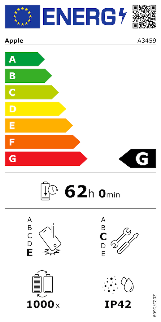 Código QR e información de la etiqueta energética de la UE, modelo A3459 de Apple, calificación energética de clase G (en una escala de la A a la G, siendo A la más eficiente y G la menos eficiente), duración de la batería por ciclo, 62 horas y 0 minutos por carga completa de la batería, fiabilidad en caídas repetidas de clase E (siendo A la más robusta y E la menos robusta), reparabilidad de clase C (siendo A la más reparable y E la menos reparable), 1.000 ciclos de carga de la batería, grado de protección contra la entrada de polvo y agua (IP) IP42, normativa 2023/1669