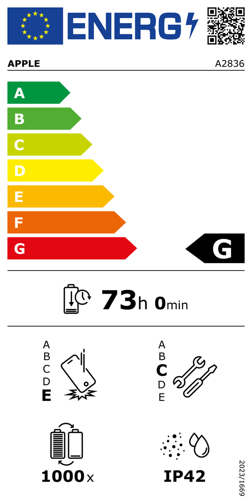 Código QR e información de la etiqueta energética de la UE, modelo A2836 de Apple, clase G, clases de eficiencia energética (con una escala de la A a la G), de la A (la más eficiente) a la G (la menos eficiente), duración de la batería por ciclo, 73 horas y 0 minutos por carga completa de la batería, fiabilidad en caídas repetidas de clase E, de la A (la más robusta) a la E (la menos robusta), reparabilidad de clase C, de la A (la más reparable) a la E (la menos reparable), 1.000 ciclos de carga de la batería, grado de protección contra la entrada de polvo y agua (IP) IP42, normativa 2023/1669