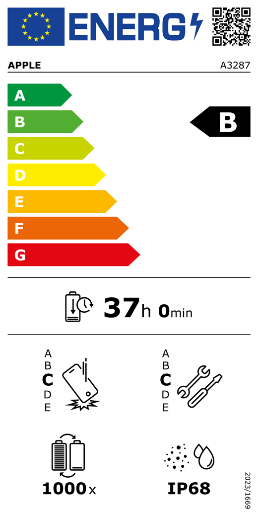 EU-Energielabel, QR Code und Informationen, Apple Modell A3287, Klasse B, Energieeffizienzklassen (auf einer Skala von A bis G), A (am effizientesten) bis G (am wenigsten effizient), Batterielaufzeit pro Zyklus, 37 Stunden und 0 Minuten pro voller Batterieladung, Sturzfestigkeit Klasse C für wiederholten freien Sturz, A (am robustesten) bis E (am wenigsten robust), Reparierbarkeit der Klasse C, A (am besten reparierbar) bis E (am wenigsten reparierbar), Batteriehaltbarkeit 1.000 Ladezyklen, Schutzart gegen Eindringen von Staub und Wasser (IP) IP68, Verordnung 2023/1669.