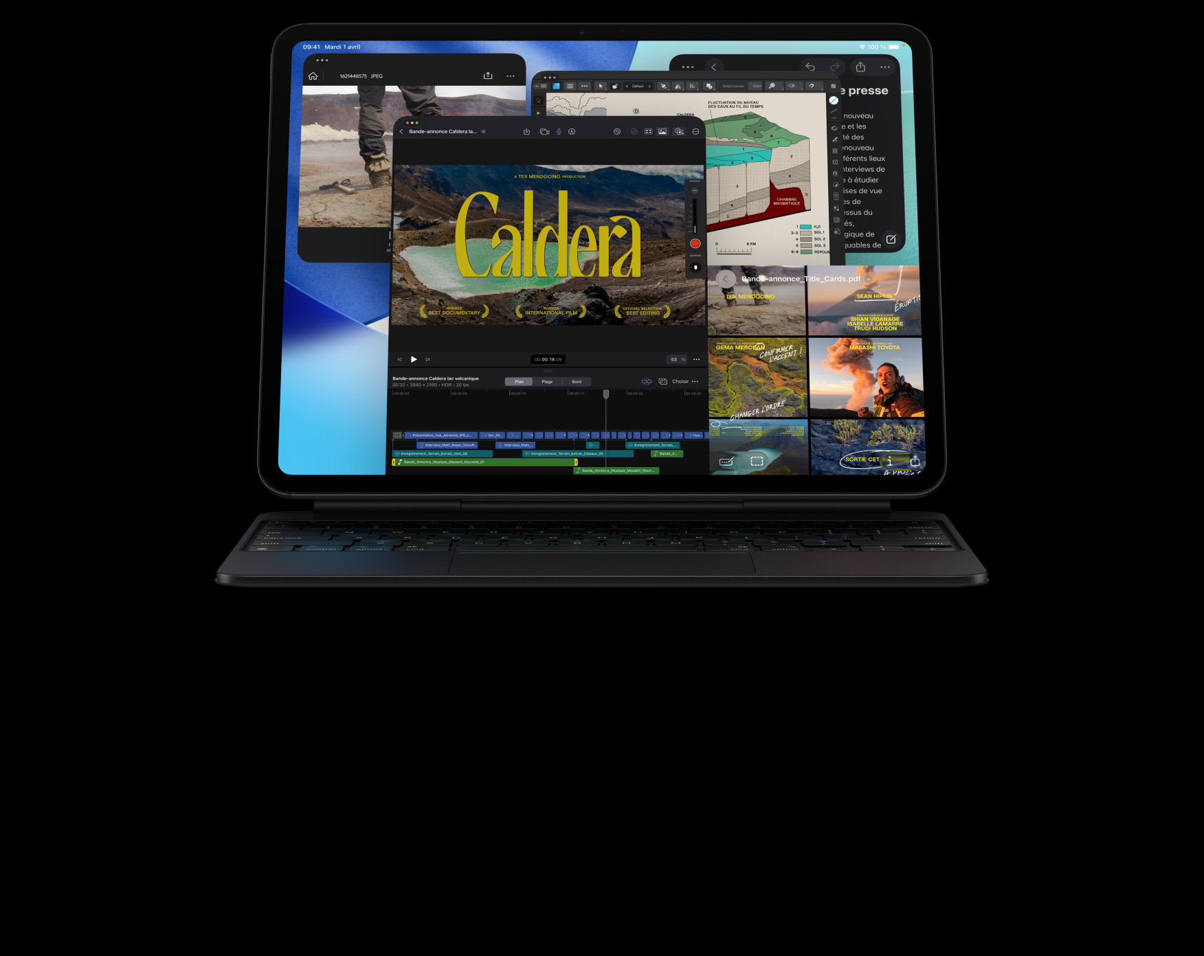 iPad Pro, face avant, orientation paysage, noir sidéral, fixé à un Magic Keyboard, noir sidéral, écran affichant plusieurs fenêtres d’apps : Final Cut Pro avec plusieurs fonctionnalités de montage vidéo ainsi que la timeline, Plans, Notes, extraits multimédias