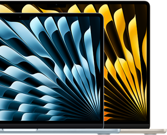 Δύο laptop MacBook Air δείχνουν τα αντίστοιχα μεγέθη των οθονών: 13,6 ίντσες και 15,3 ίντσες, μετρημένες διαγωνίως