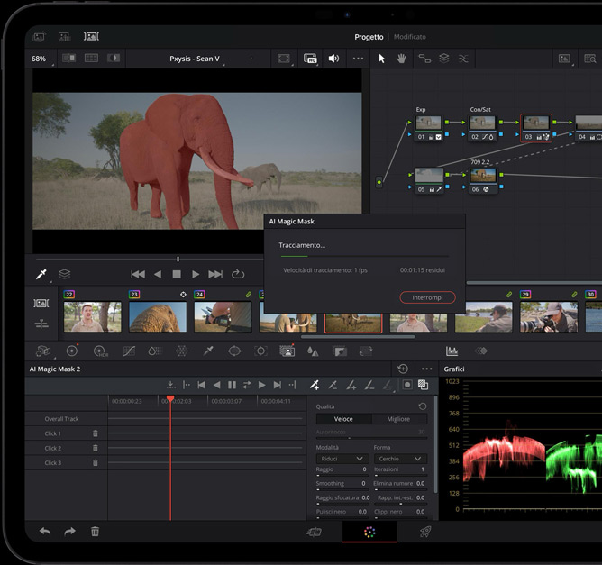 Un iPad Pro nero siderale, mostrato di fronte, il display mostra un’app di editing video con timeline e comandi, lo strumento AI Magic Mask con un tracciamento in corso, e l’applicazione di effetti speciali a una clip con degli elefanti