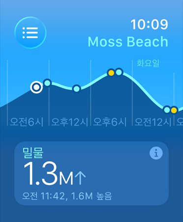 조수 앱에 표시된 수치: 만조와 간조, 밀물과 썰물, 시간과 조수 지점을 예상한 선형 그래프