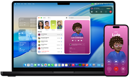„MacBook Pro“ ir „iPhone 16 Plus“, atidaryta programa „Telefonas“, abiejuose ekranuose rodomas tas pats kontaktas