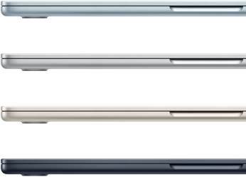 Četri MacBook Air modeļi sānskatā, katrs ar citādu apdari