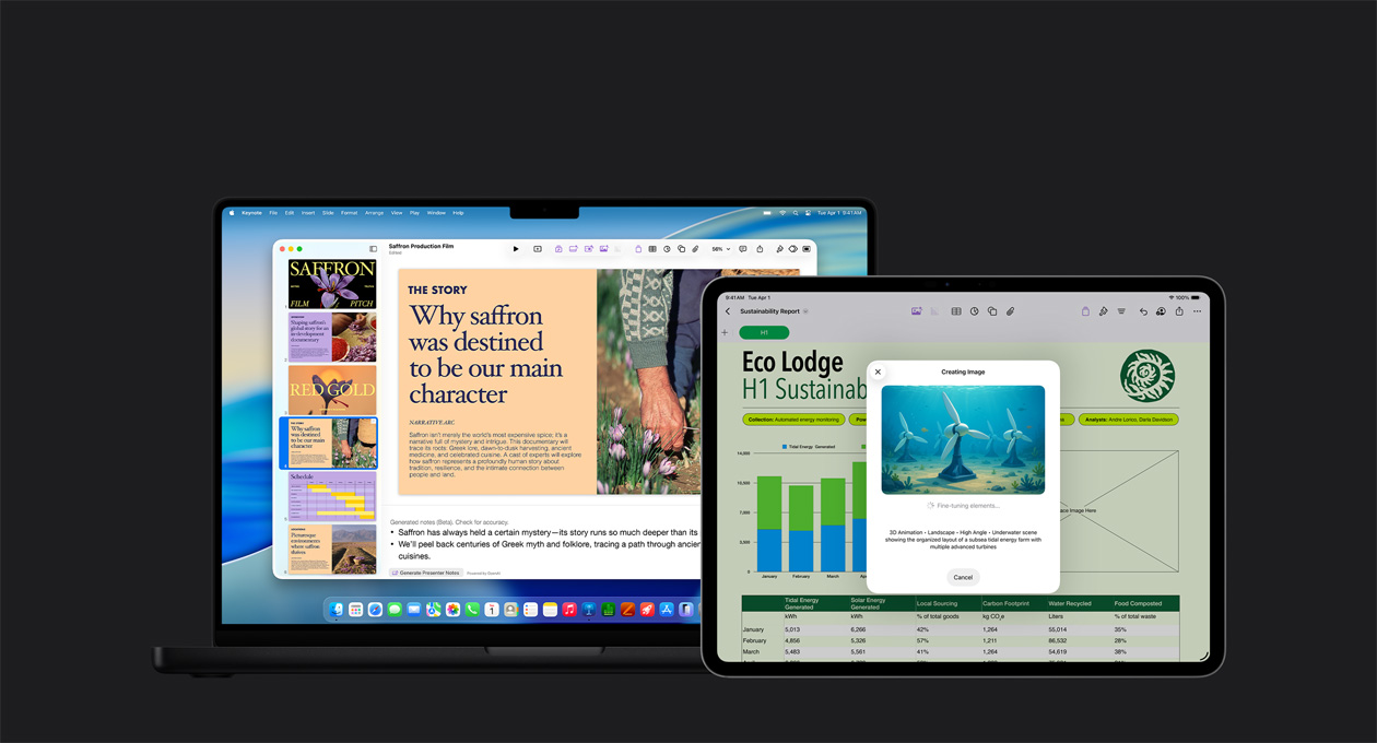شاشة iPad Pro مقاس 13 إنش، شريحة من تقرير يتضمن مخططاً وجدولاً ورسوماً، شاشة MacBook Pro مقاس 16 إنش تظهر عرضاً تقديمياً في Keynote مع شرائح متعددة في جهة اليسار وملاحظات لمقدم العرض طُلب إنشاؤها في الأسفل
