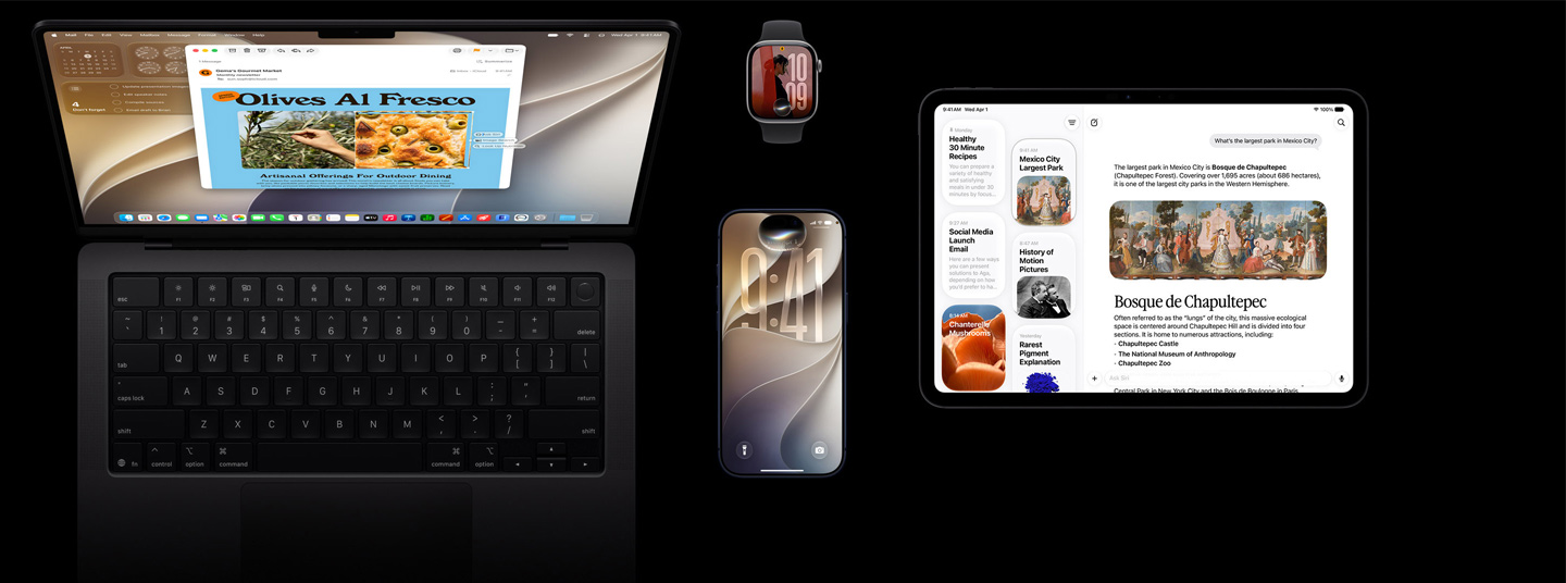 Siri AI على أجهزة iOS، أربعة منتجات، جهاز iPhone 17 Pro بلون نيلي عميق، وساعة Apple Watch Series 11 مقاس 42 مم بلون رمادي فلكي، وجهاز MacBook Pro مقاس 14 إنش بلون أسود فلكي، وجهاز iPad Pro مقاس 11 إنش بلون أسود فلكي.