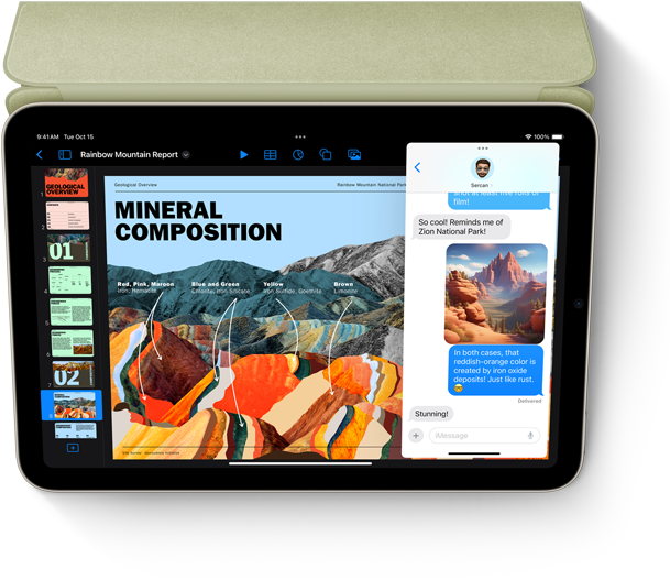 iPad mini في وضع أفقي يعرض تطبيق Keynote وتطبيق الرسائل باستخدام العرض المتراكب.