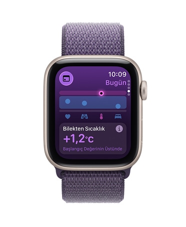 Apple Watch SE 3, alüminyum kasa, yıldız ışığı renk, Yaşam Bulguları uygulaması, sağlık skoru grafiği, gece boyu ölçülen yaşam bulguları uç değerler bildirimi, sağ dış görünüm, Digital Crown, Spor Loop, sis moru renk