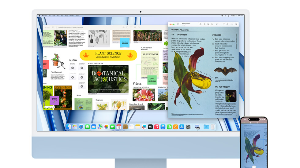 Ekranında canlı bir içerik gösterilen bir iMac ve bir iPhone.