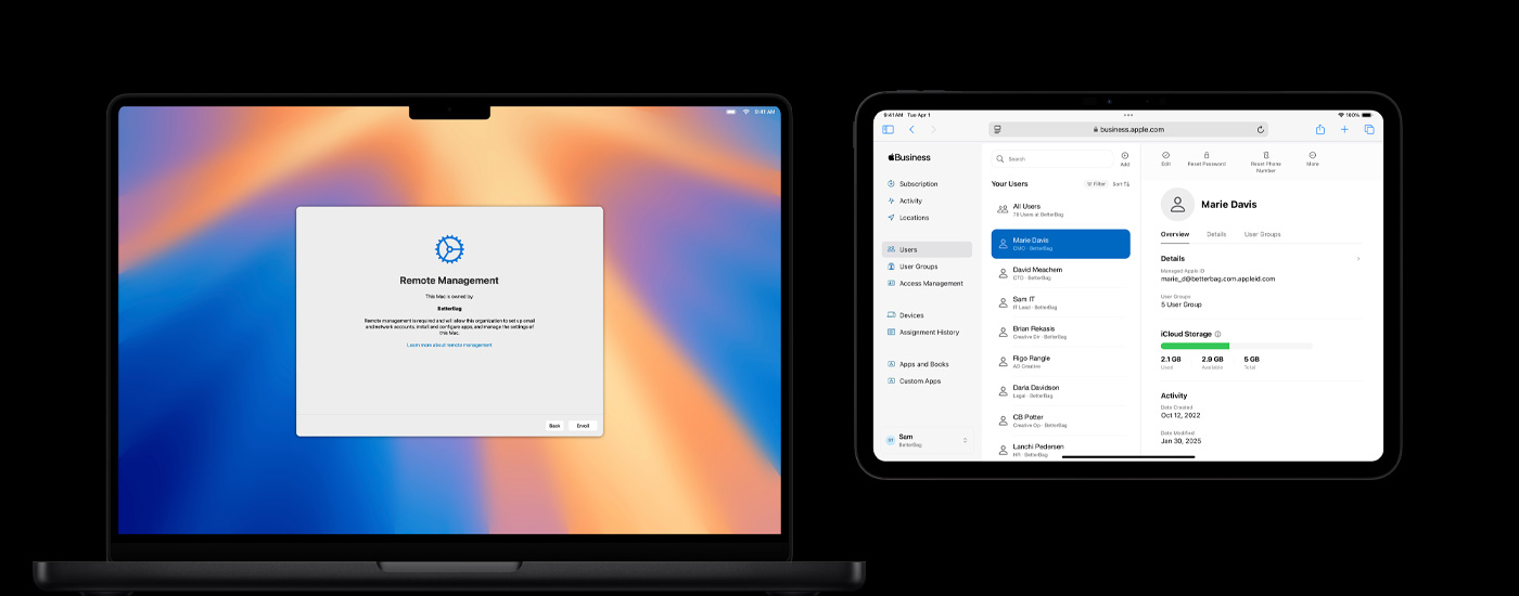 Un Mac, un iPhone e un iPad con una schermata di gestione delle risorse.