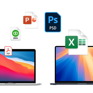 Vooraanzicht van twee MacBooks naast elkaar met verschillende kleurrijke bureaubladachtergronden. In een boog boven de MacBooks worden bestandssymbolen weergegeven. Er worden bestandssymbolen weergegeven voor een Acrobat-bestand, Quickbooks-bestand, PowerPoint-bestand, Photoshop-bestand en Excel-bestand.