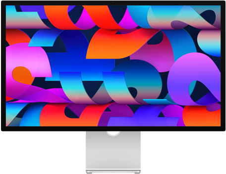 ด้านหน้าของ Studio Display พร้อมภาพพื้นหลังสีสันสวยงามที่ดูคล้ายริบบิ้น