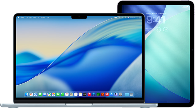 左がMacBook、右がiPad。どちらの画面にも、青と緑の壁紙が表示されている