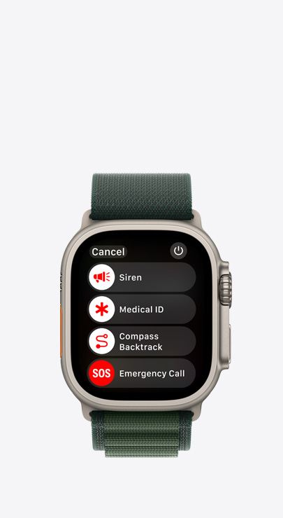 Apple Watch hiển thị danh sách các tính năng khẩn cấp: Còi Báo, ID Y Tế, Quay Về Bằng La Bàn và Cuộc Gọi Khẩn Cấp