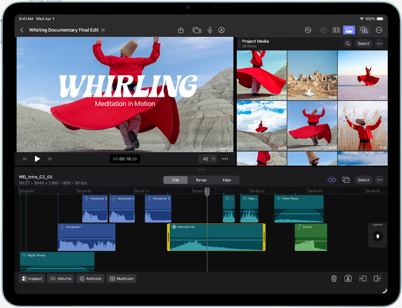 Przód iPada Air, widać proces montażu wideo w Final Cut Pro