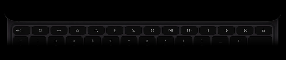 Magic Keyboard, vu du dessus, mode paysage, couleur noire, rangée de 14 touches de fonction