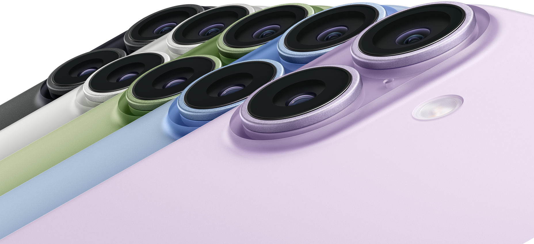Cinq iPhone 17, face arrière, coin supérieur gauche, système à deux caméras Fusion, coloris noir, blanc, sauge, brume et lavande