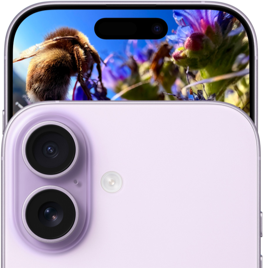 Dual Fusion Kamera Sistemi’ne sahip lavanta rengi iPhone 17’nin önden ve arkadan görünümü.