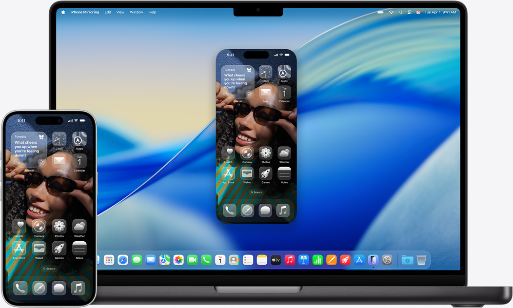 iPhone and MacBook side by side showcasing mirror effect displayed on MacBook. Calendar and Notes widgets near top of display, apps near bottom.