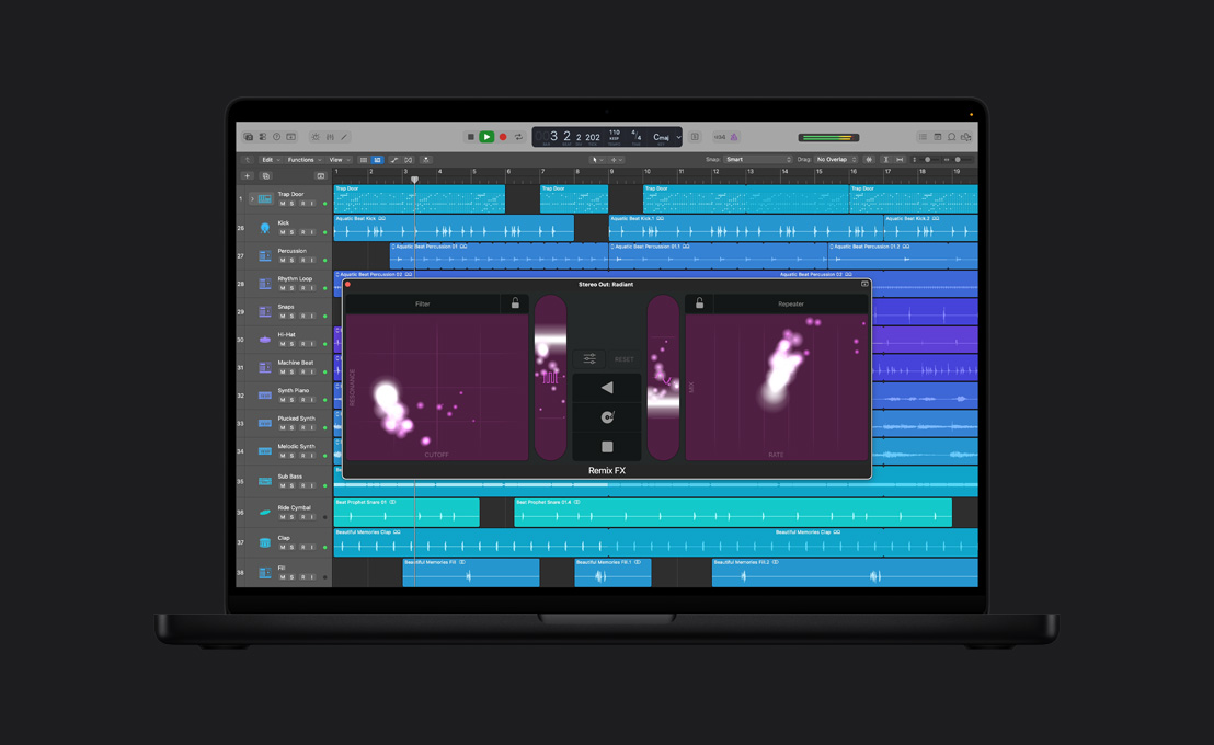 MacBook Pro 16 screen showing Remix FX, Stereo Out: Radiant window, Filter on the left and Repeater on the right, purple light leaks