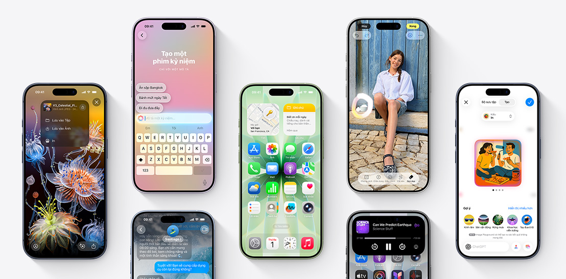 An array of iPhone 17 and 17 Pro devices each with a different screen showcasing iOS 26 and Apple Intelligence features